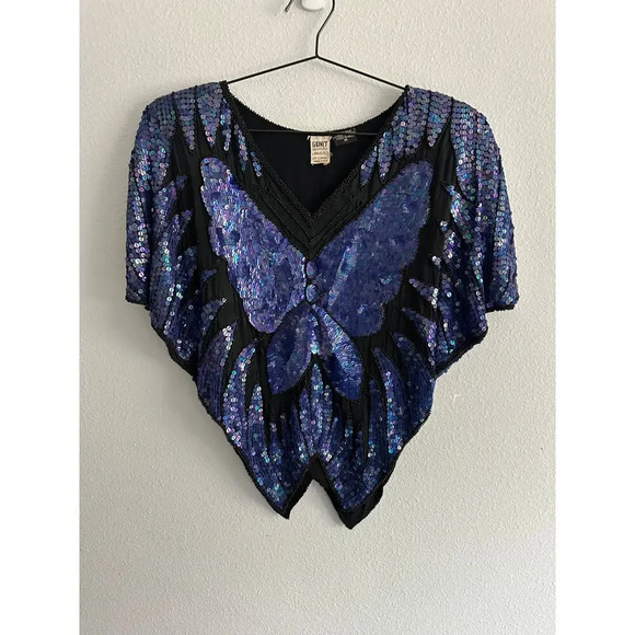 Vintage 70s/80s BUTTERFLY Bluish purple sequin and beaded cape blouse top Sz M - Picture 4 of 15